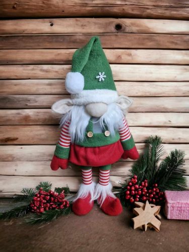 Karácsonyi "Kobold Manó" piros nadrágban és zöld sapkában (45cm)